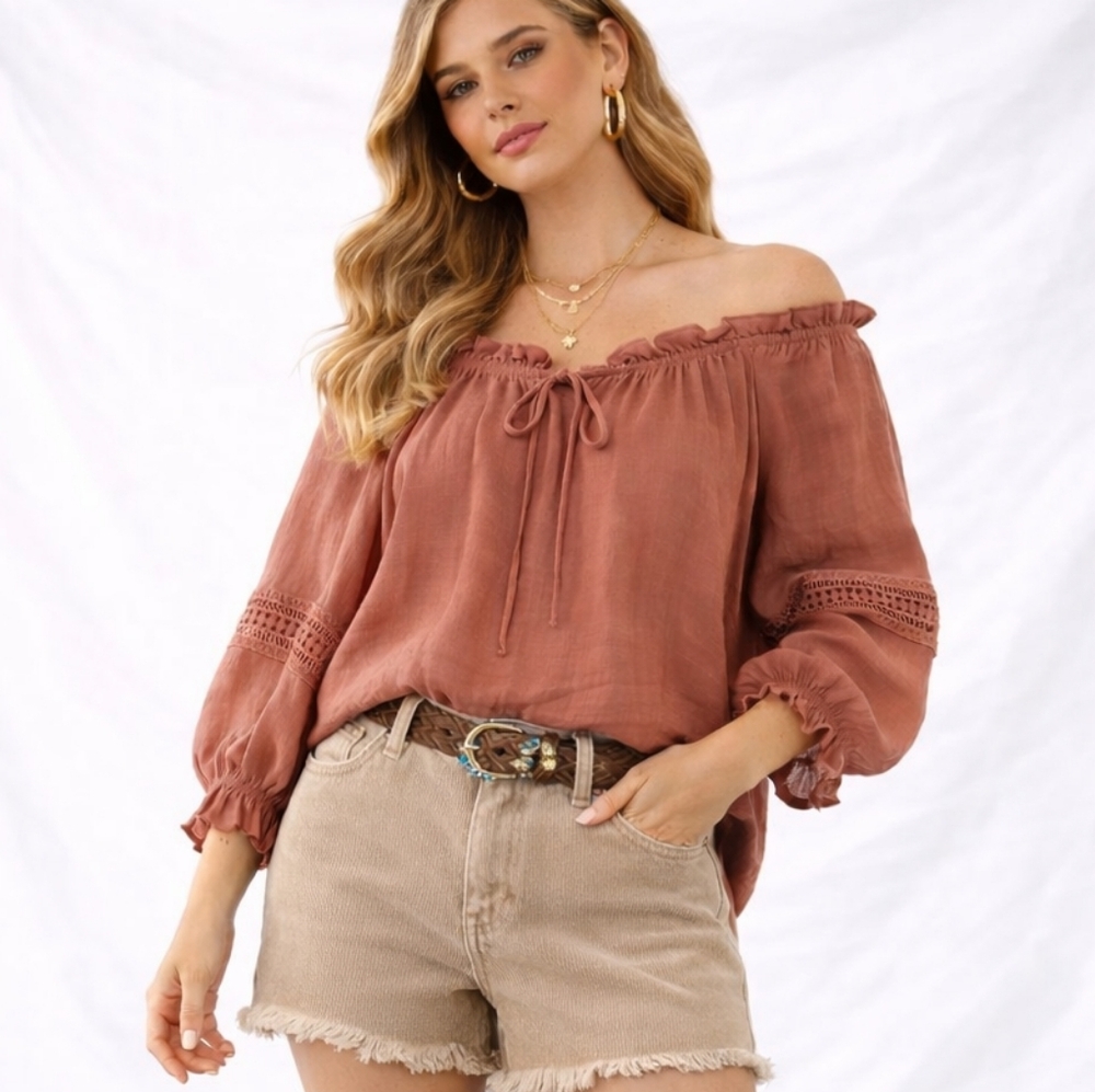 Parallel Skies Terracotta Blouse Crochet Detail Boho Cottagecore Peasant Large